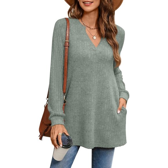 Women's V Neck Long Sleeve Sweater Tunic Top Casual Fall Winter Plus Size - Picture 1 of 6